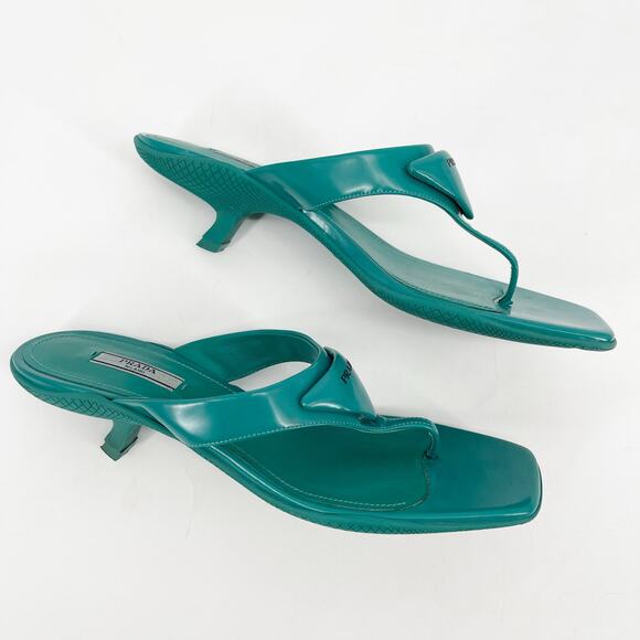 Prada Assenzio Green Padded Logo Square Toe Kitten Heel Thong Sandals IT 40 - Picture 4 of 14